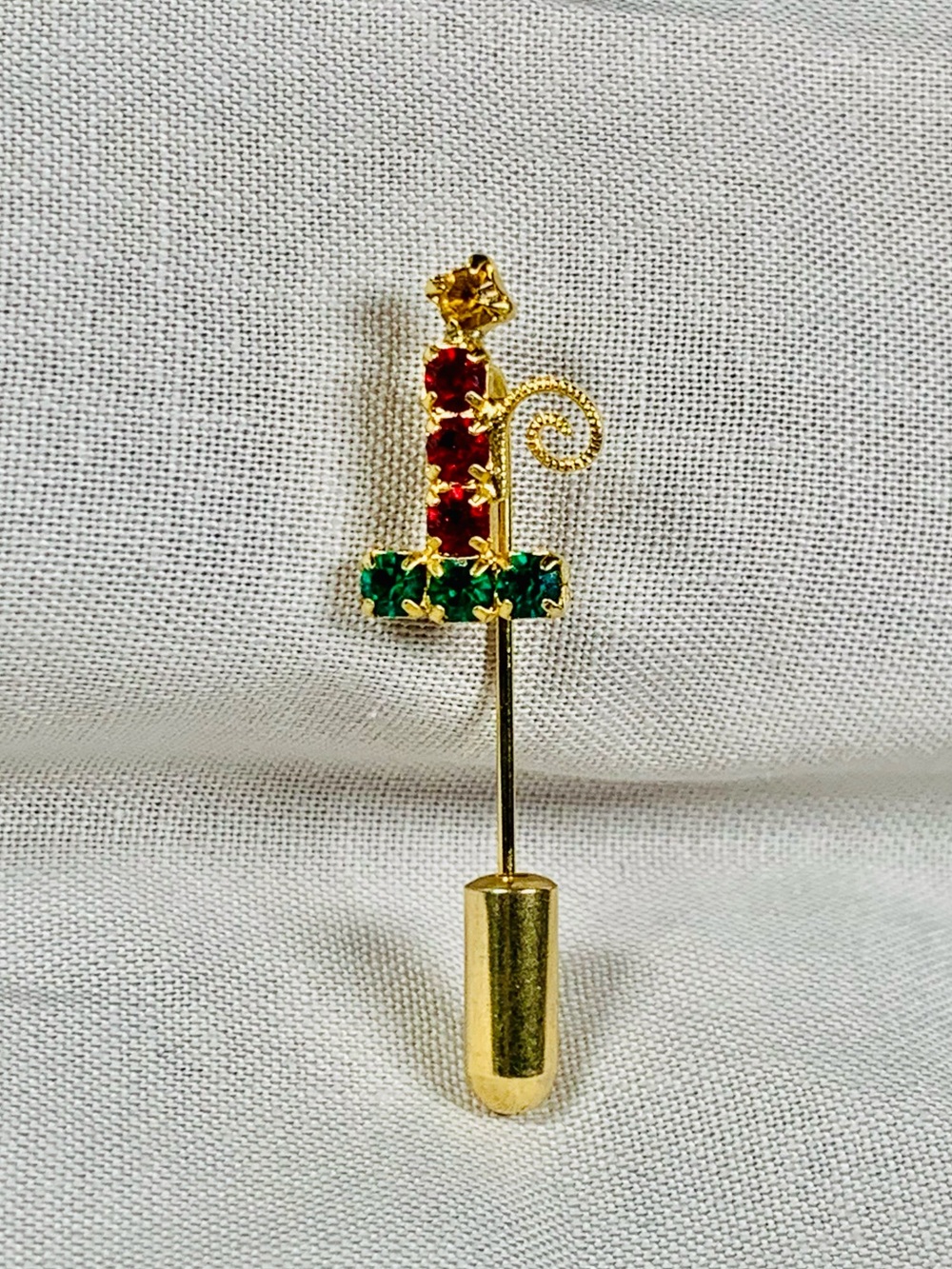 VTG Christmas Rhinestone Candlestick Gold Tone Stick Lapel Pin